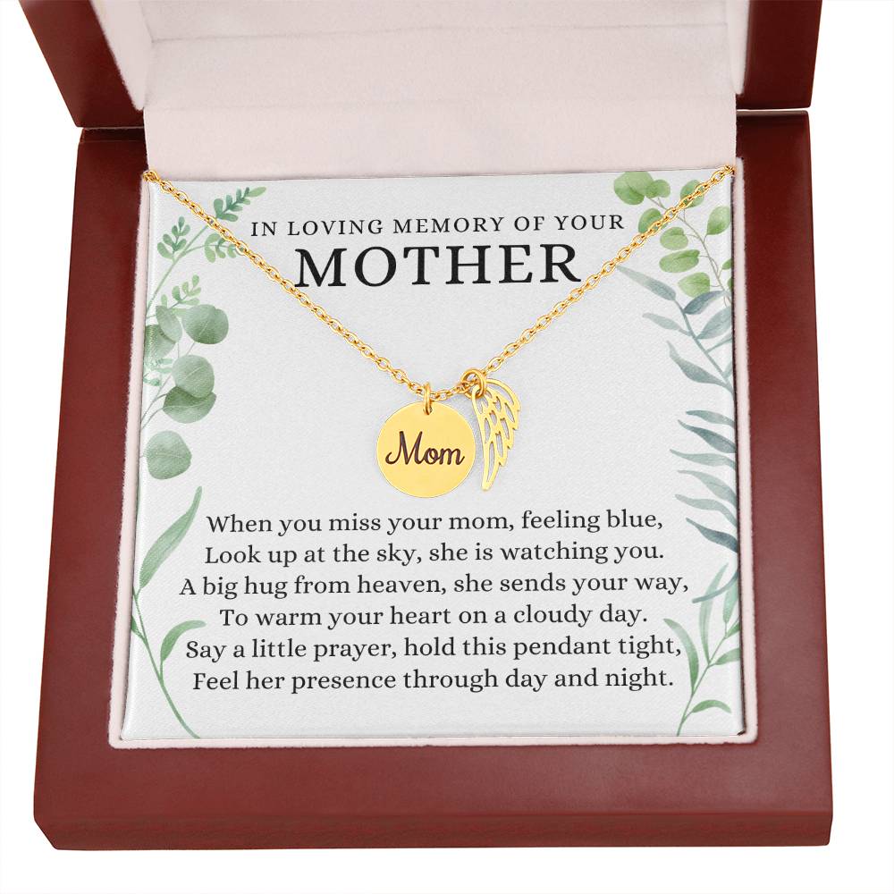 In Loving Memory of Your Mother, Hug From Heaven, Mom Memorial Angel Wing Necklace Gift