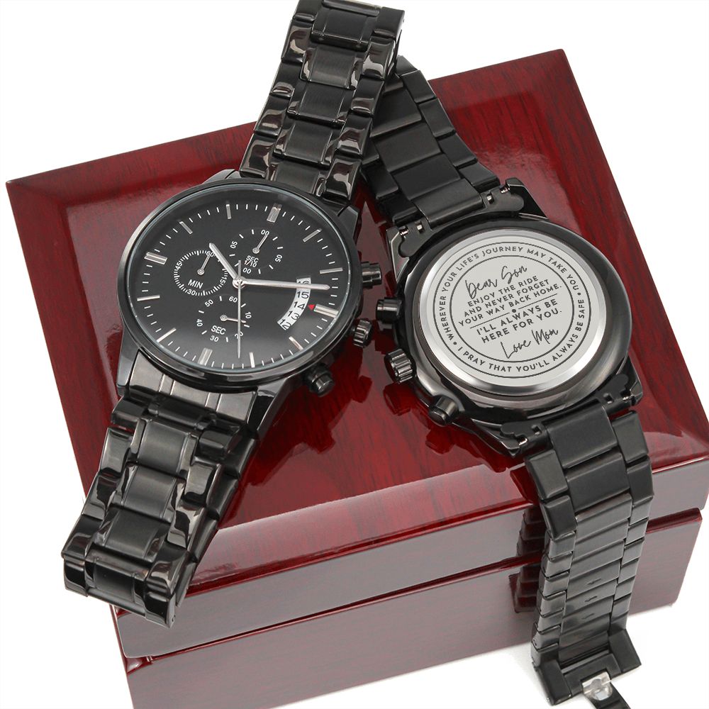 To Son Gift From Mom, I'll Always Be Here For You Inspirational Engraved Black Chronograph Watch