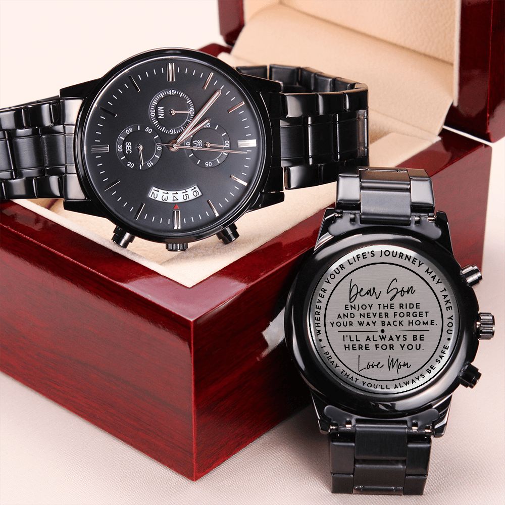 To Son Gift From Mom, I'll Always Be Here For You Inspirational Engraved Black Chronograph Watch