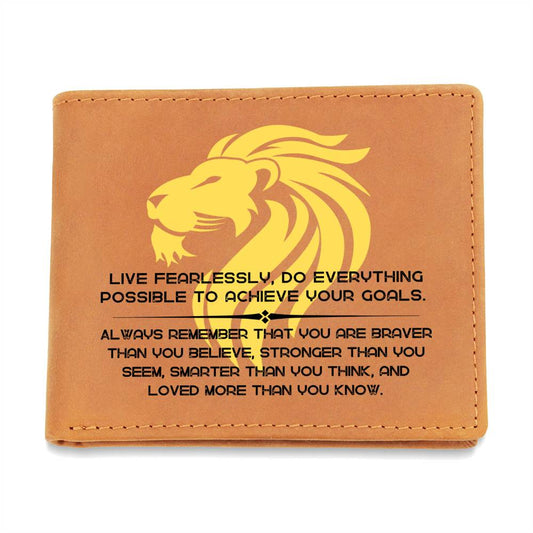 To Son Gift or Grandson Gift, Inspirational Graphic Leather Wallet, Lion Head Live Fearlessly