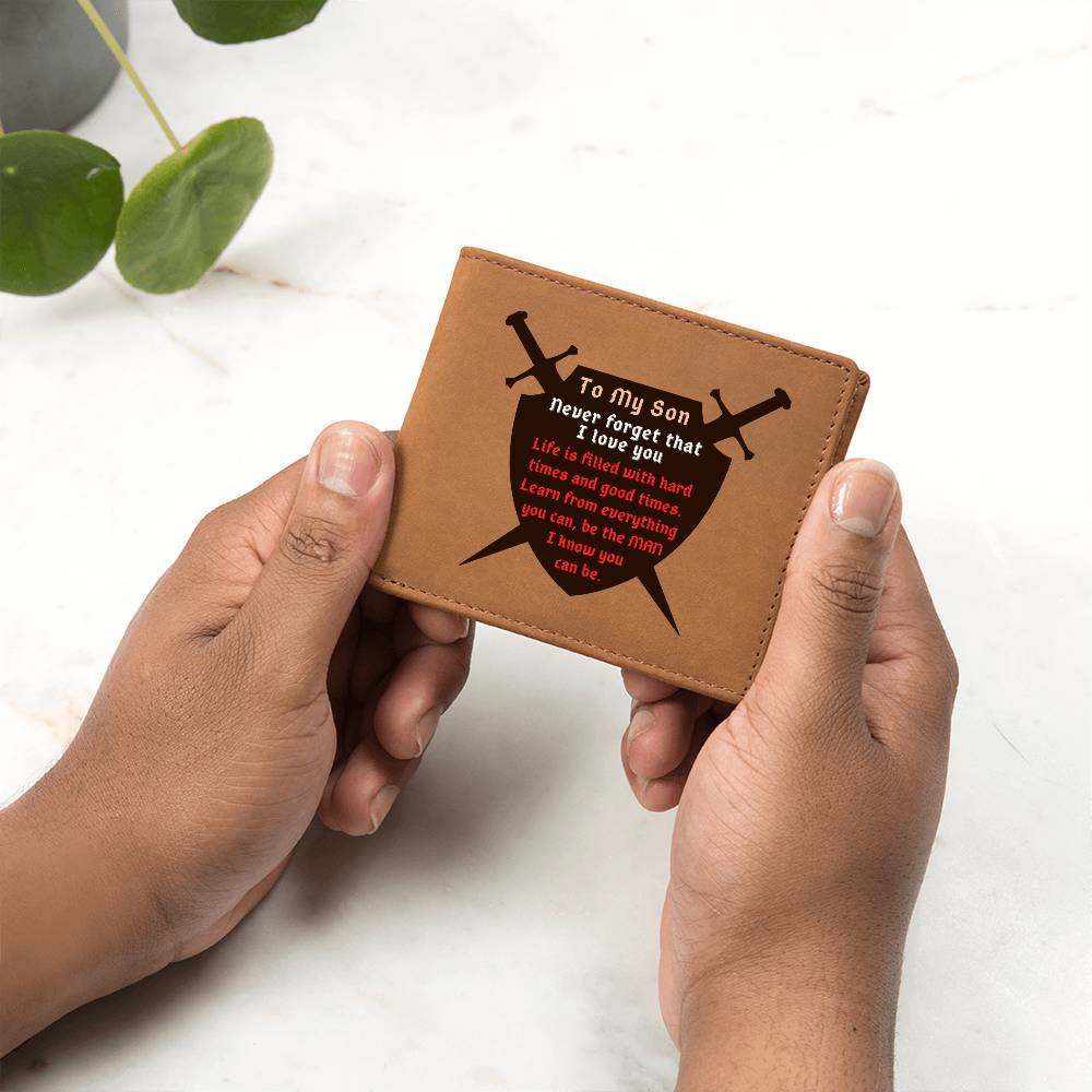 To Son Gift, Warrior Shield, Hard Times and Good Times, Inspirational Graphic Leather Wallet