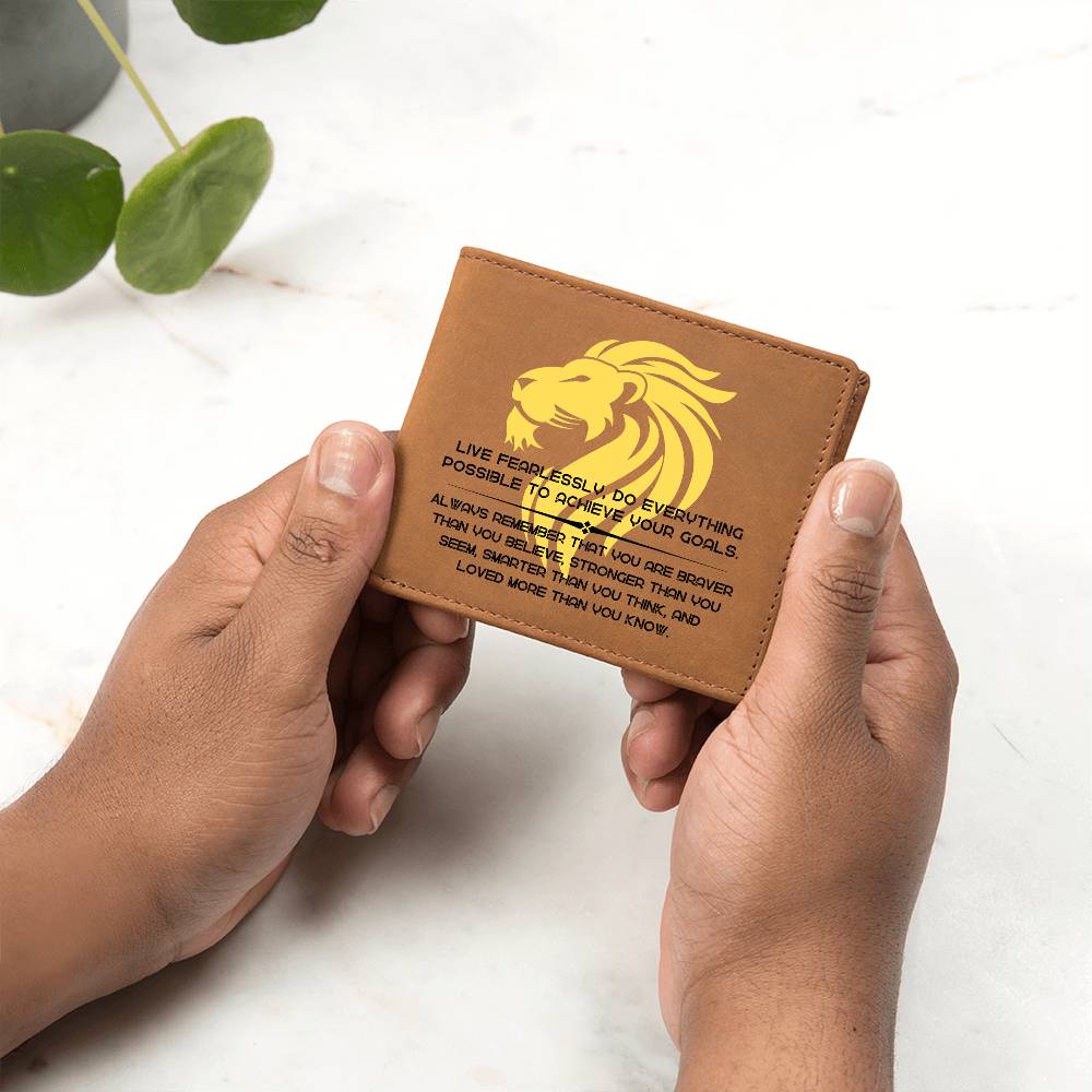 To Son Gift or Grandson Gift, Inspirational Graphic Leather Wallet, Lion Head Live Fearlessly