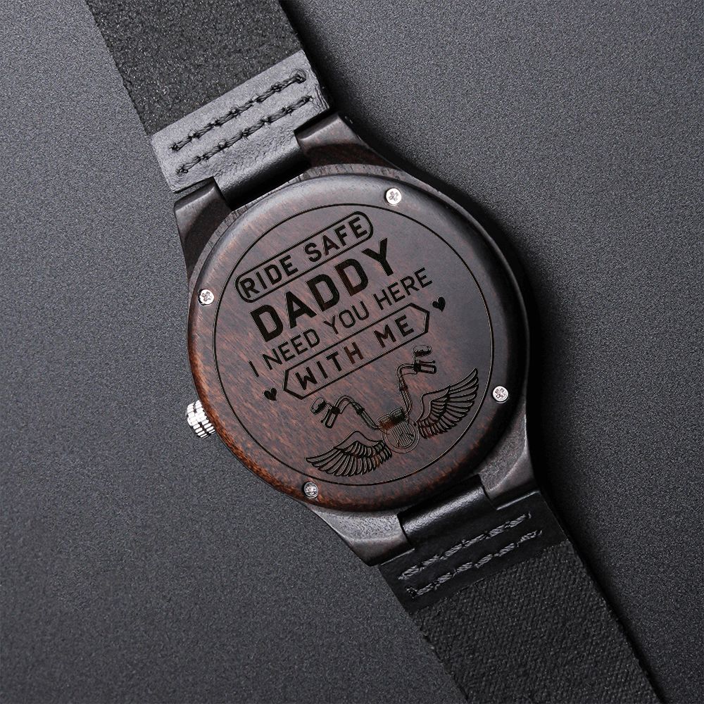 Ride Safe Daddy, Gift for Biker Dad, Motorcycle Theme Father's Day Gift Engraved Wooden Watch