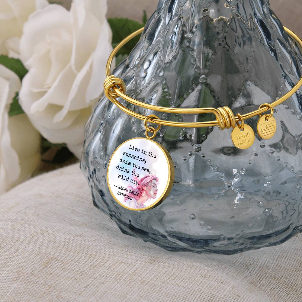 Live in the Sunshine, Ralph Waldo Emerson Quote, Engravable Charm Bangle