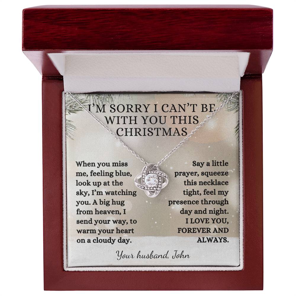 Memorial Gift, Winter Pine I Can't be with you this Christmas Poem with Custom Name, Love Knot Necklace