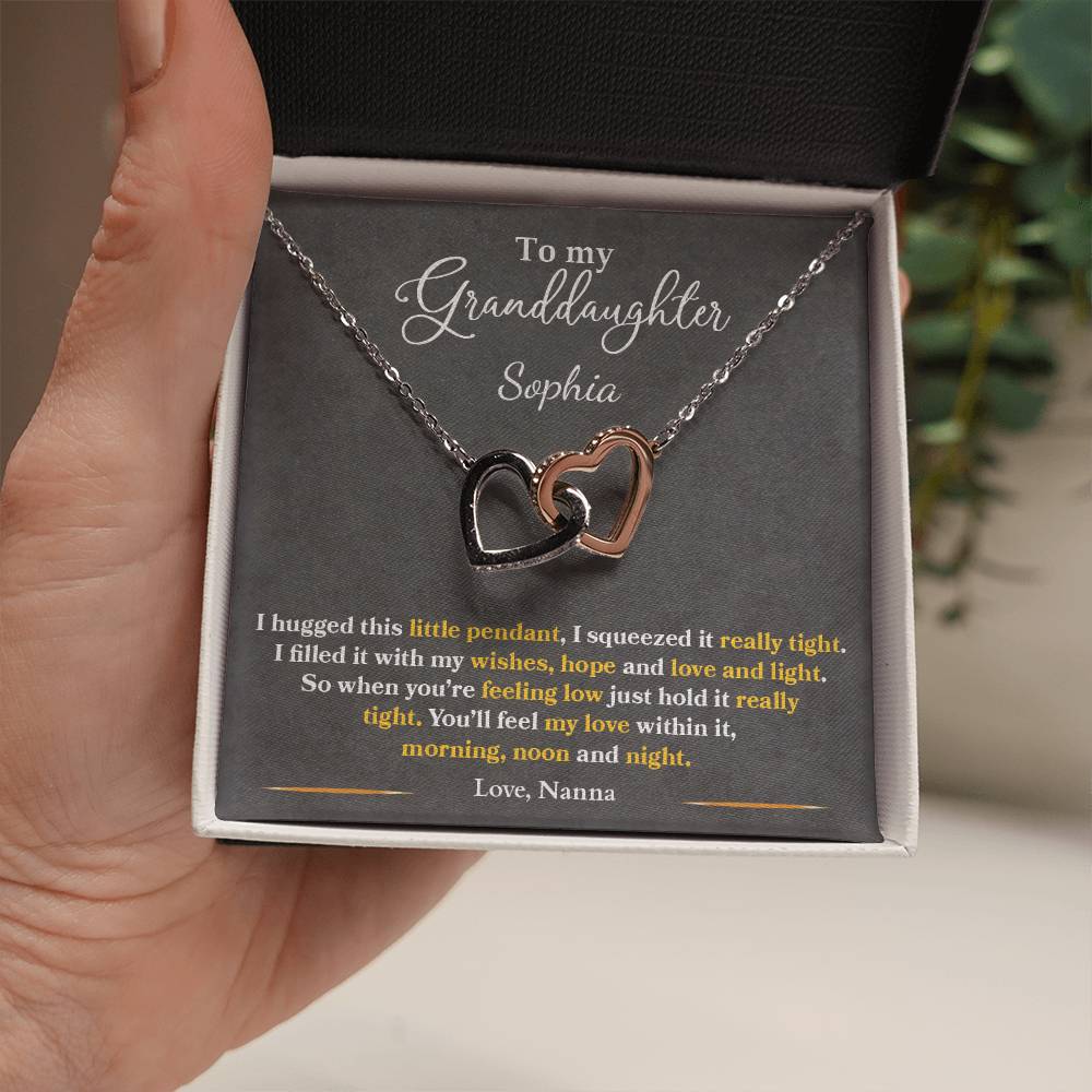 To My Granddaughter Gift, Custom Names, You'll Feel My Love Morning Noon and Night, Interlock Heart Pendant Necklace