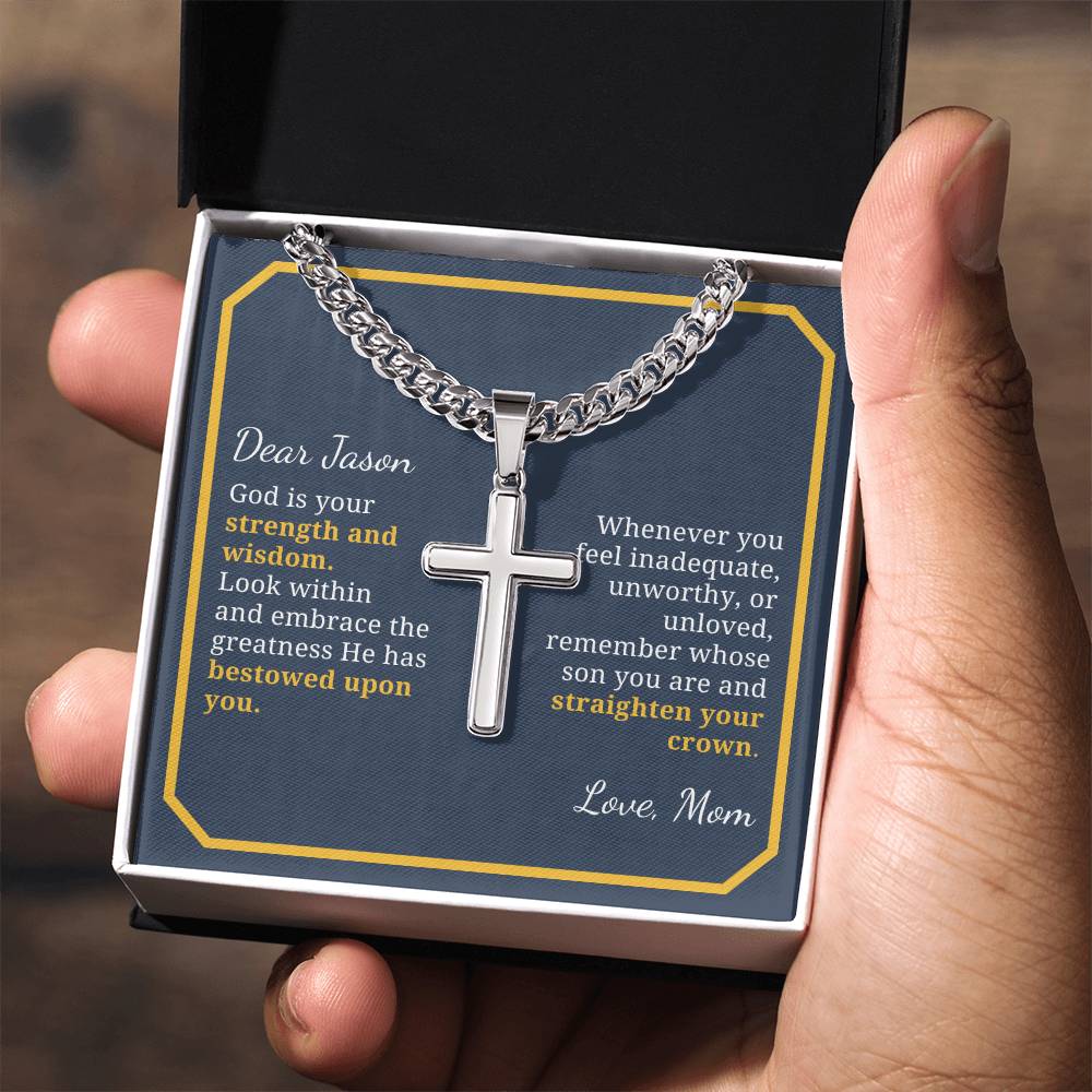 Baptism or Confirmation Gift For Son, Strength and Wisdom, Men's Christian Cross Necklace with Cuban Chain, Custom Name Message Card