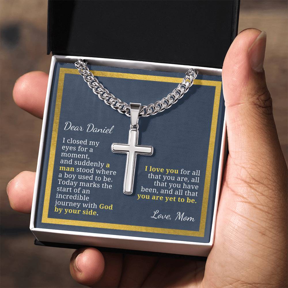 Baptism or Confirmation Gift For Son, Where a Boy Used to Be, Men's Christian Cross Necklace with Cuban Chain, Custom Name Message Card