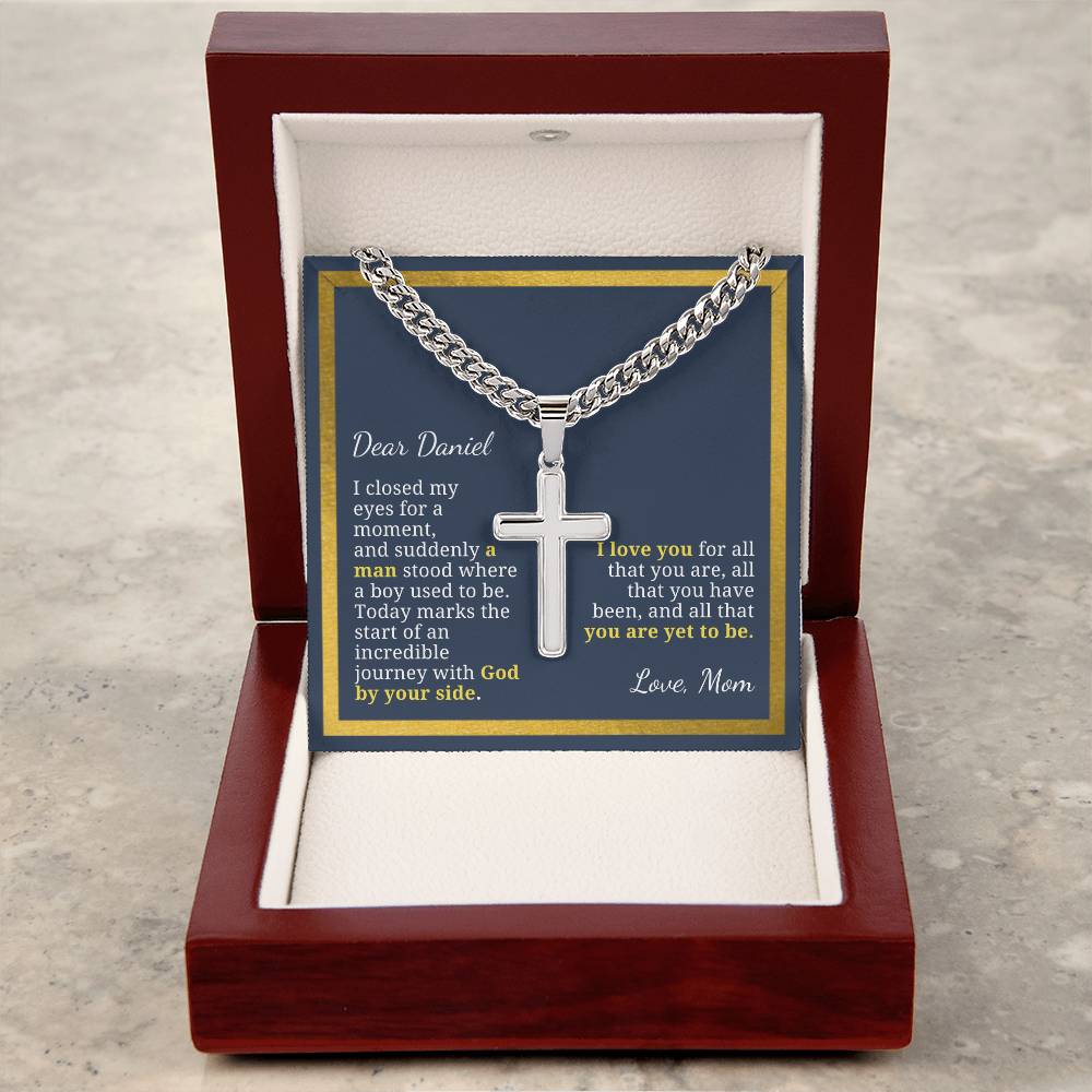 Baptism or Confirmation Gift For Son, Where a Boy Used to Be, Men's Christian Cross Necklace with Cuban Chain, Custom Name Message Card