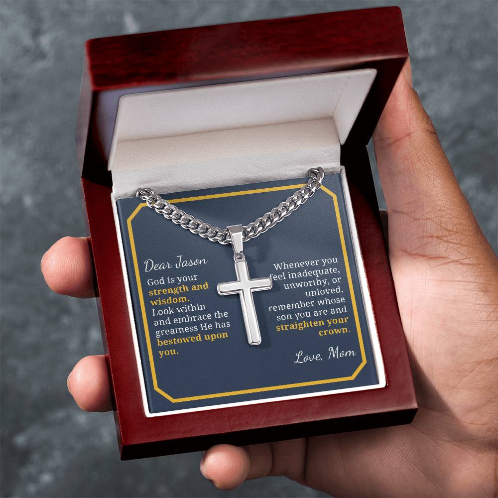 Baptism or Confirmation Gift For Son, Strength and Wisdom, Men's Christian Cross Necklace with Cuban Chain, Custom Name Message Card