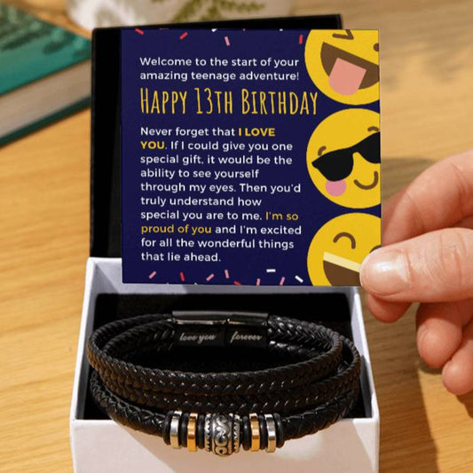 Cute Emoji Happy 13th Birthday Gift For Teen Boy Braided Vegan Leather Men Bracelet