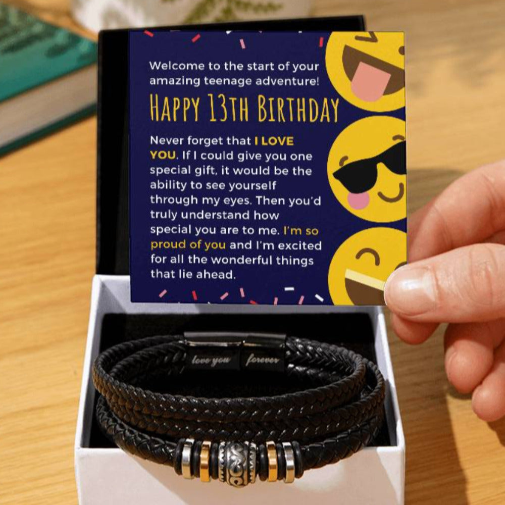 Cute Emoji Happy 13th Birthday Gift For Teen Boy Braided Vegan Leather Men Bracelet