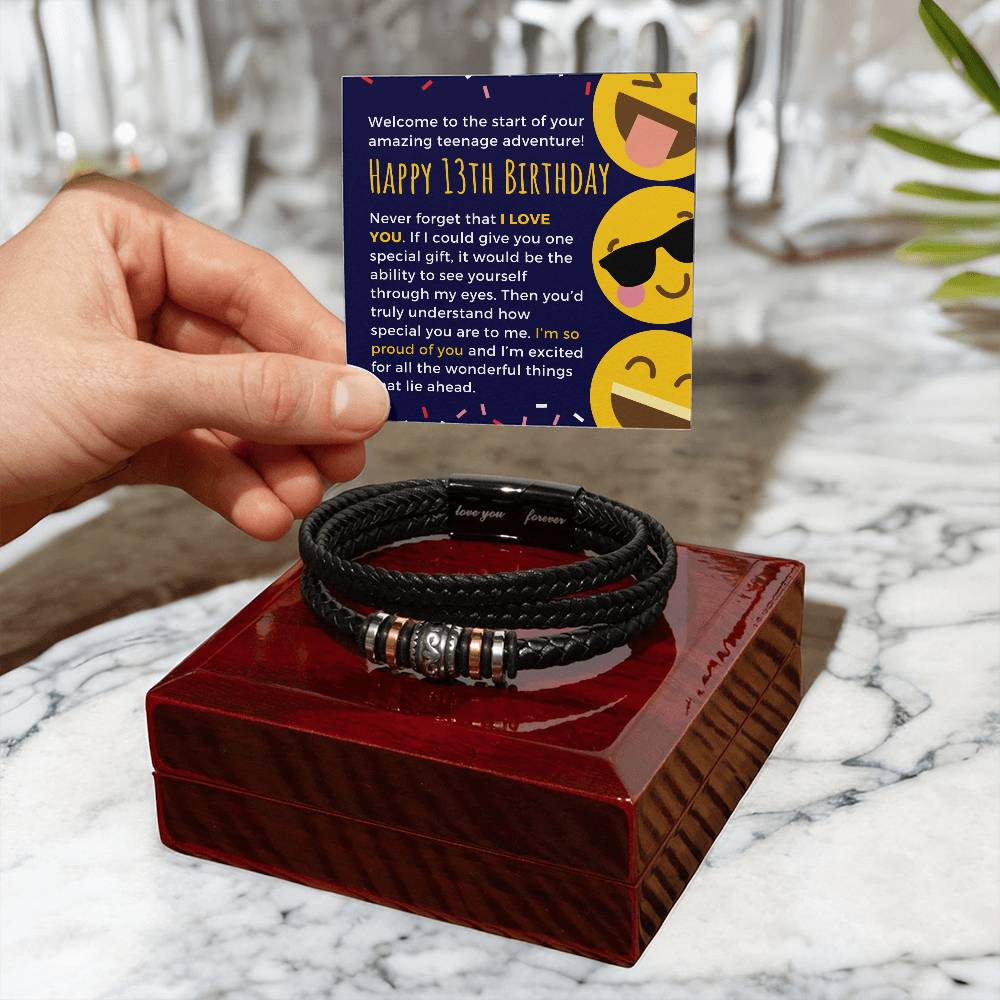 Cute Emoji Happy 13th Birthday Gift For Teen Boy Braided Vegan Leather Men Bracelet