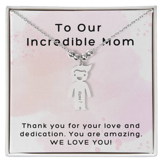 Incredible Mom, Thank You for Your Love, Custom Engraved Kid Charm Necklace