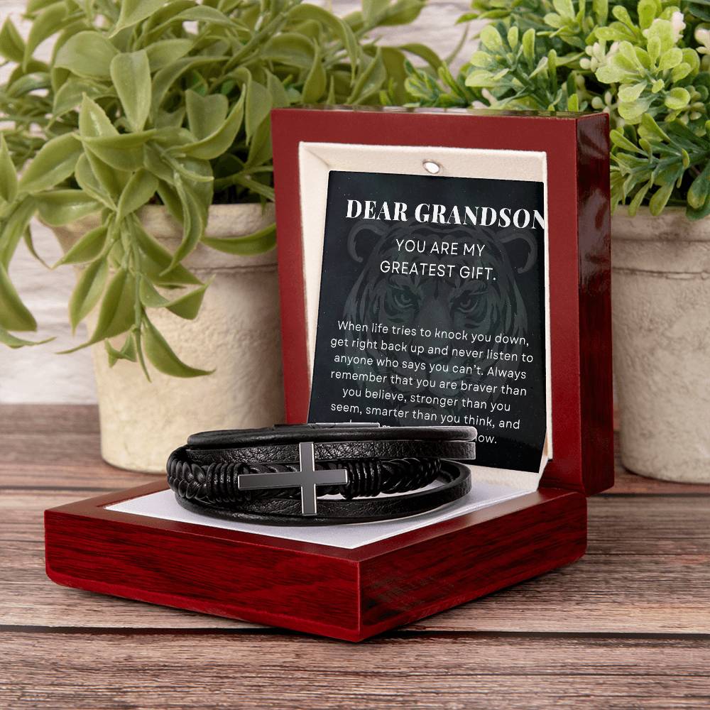 When Life Tries To Knock You Down, To My Grandson Gift, Men's Cross Bracelet