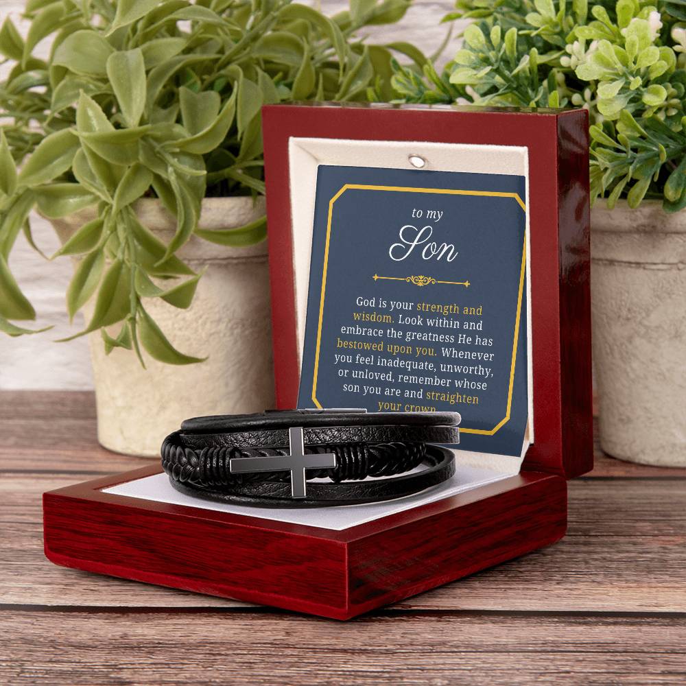 Gift For Son, Strength and Wisdom, Baptism or Confirmation Gift, Men's Christian Cross Bracelet