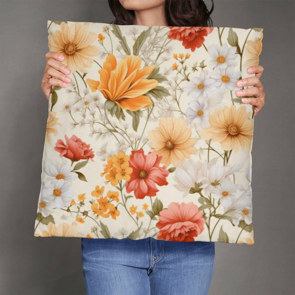 Wildflower Square Throw pillow, Yellow Red Spring Floral Cottagecore Style Living Room Decor
