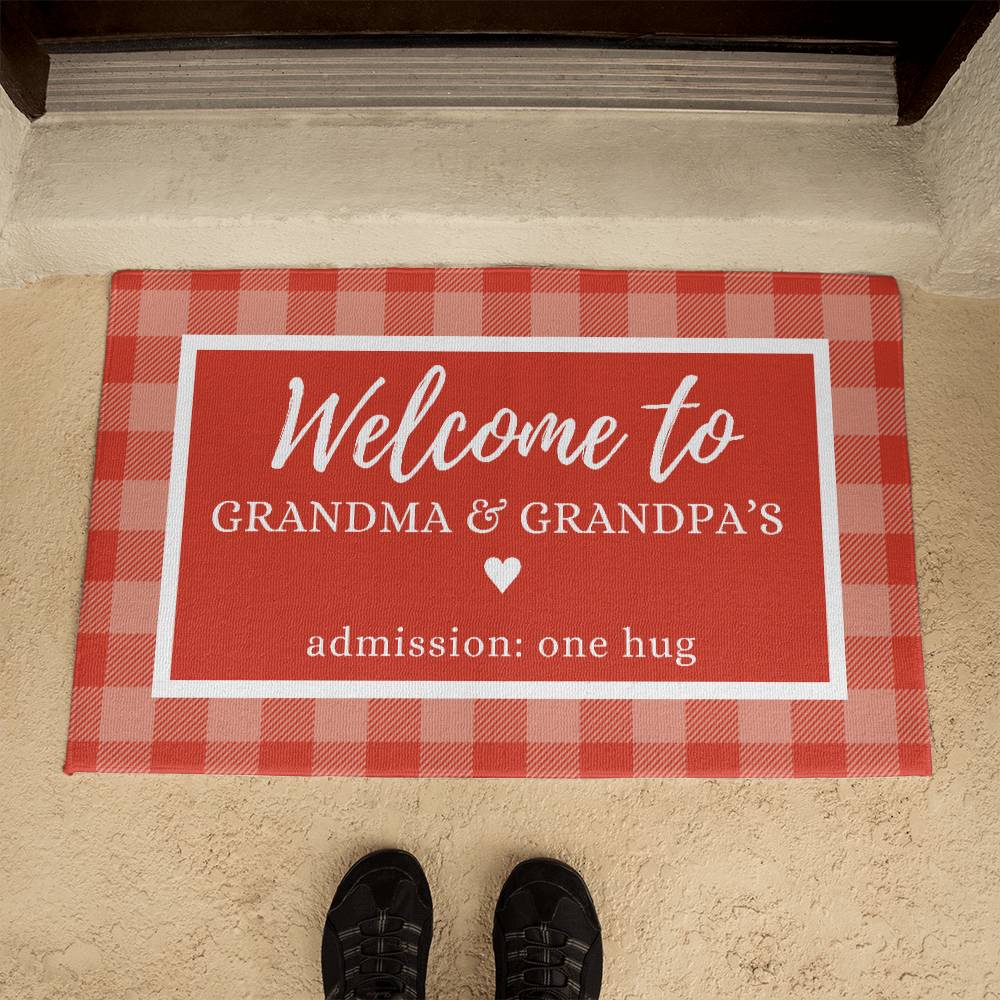 Red Plaid Grandma and Grandpa Indoor Outdoor Welcome Door Mat