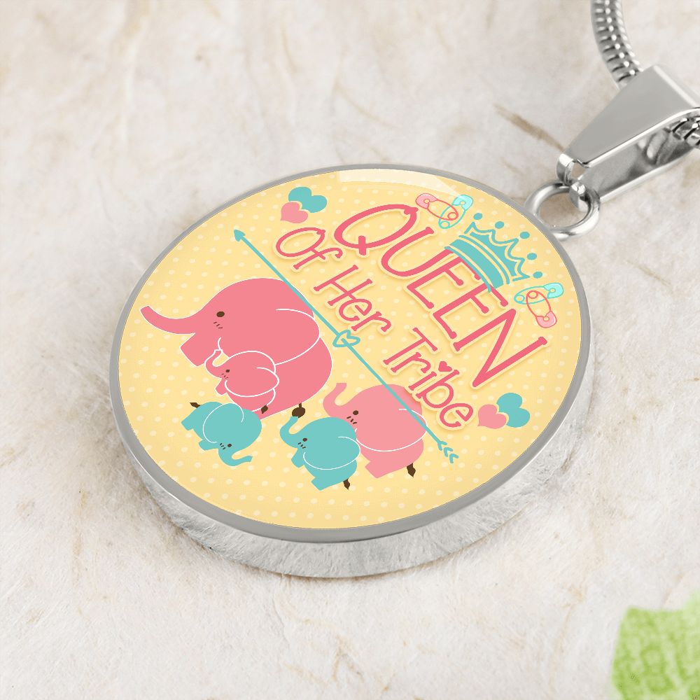 Queen of Her Tribe Cute Mother Elephant Round Pendant Necklace (Optional Engraving)