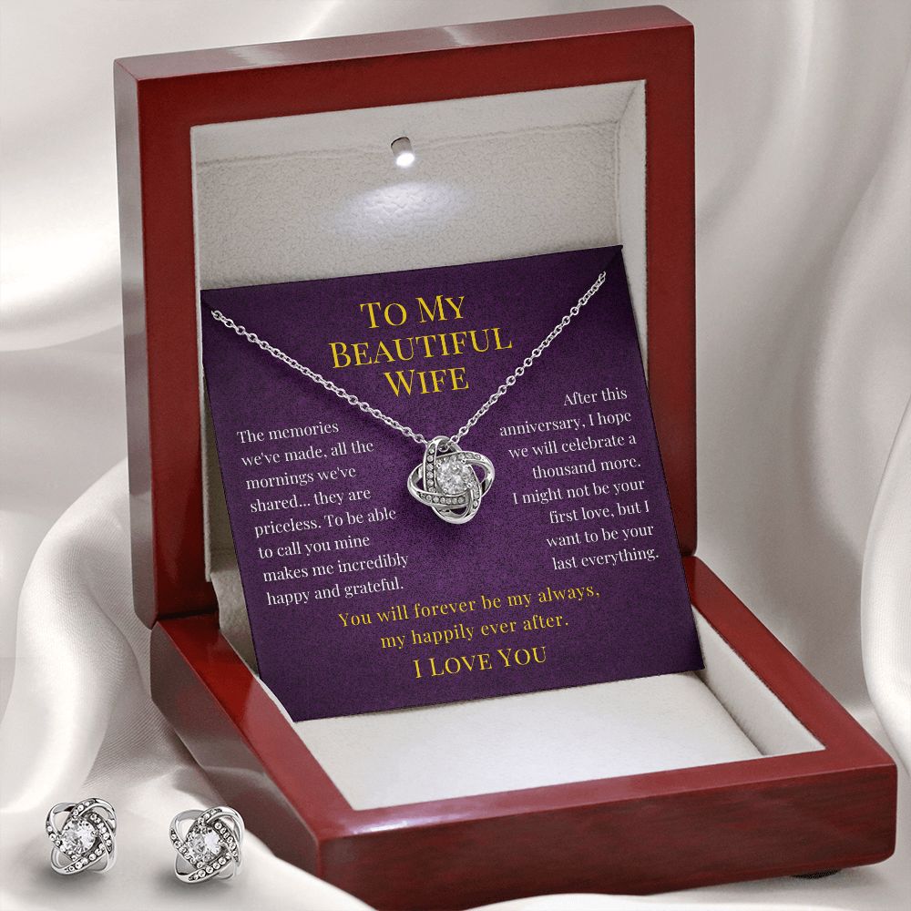 To My Beautiful Wife Happy Anniversary Love Knot Necklace and Earrings Gift For Her
