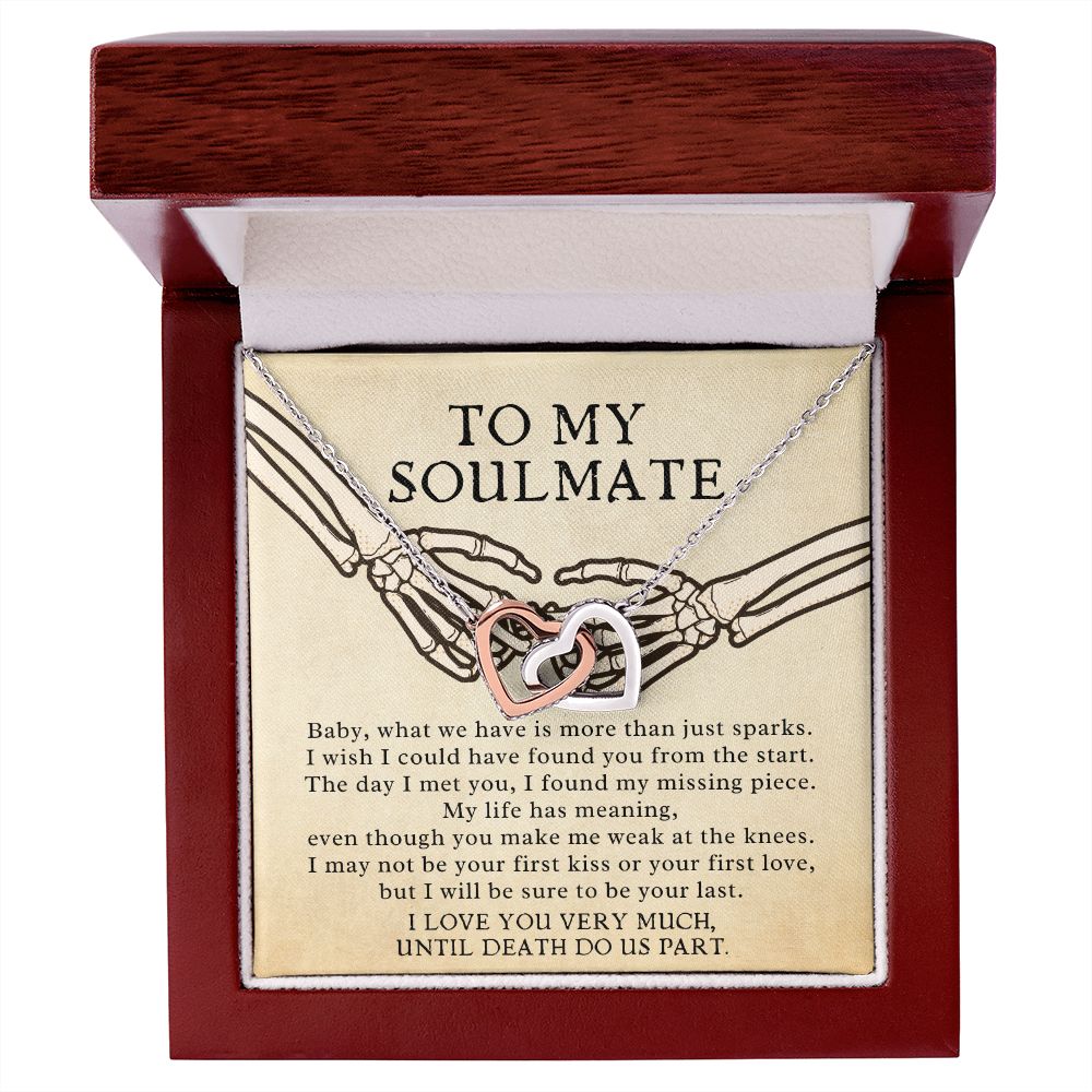 To My Soulmate Skeleton Holding Hands Double Heart Pendant Necklace