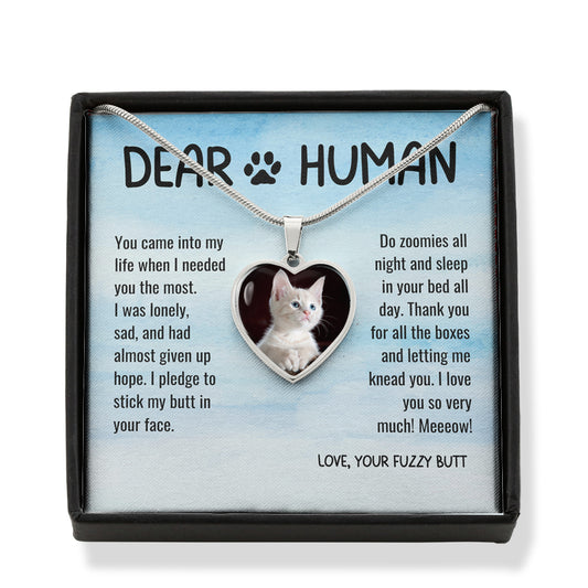 Thank You Dear Human Gratitude from Rescue Cat Adoption Custom Photo Heart Necklace