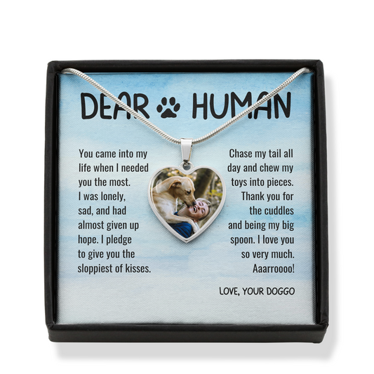 Thank You Dear Human Gratitude from Rescue Dog Adoption Custom Photo Heart Necklace