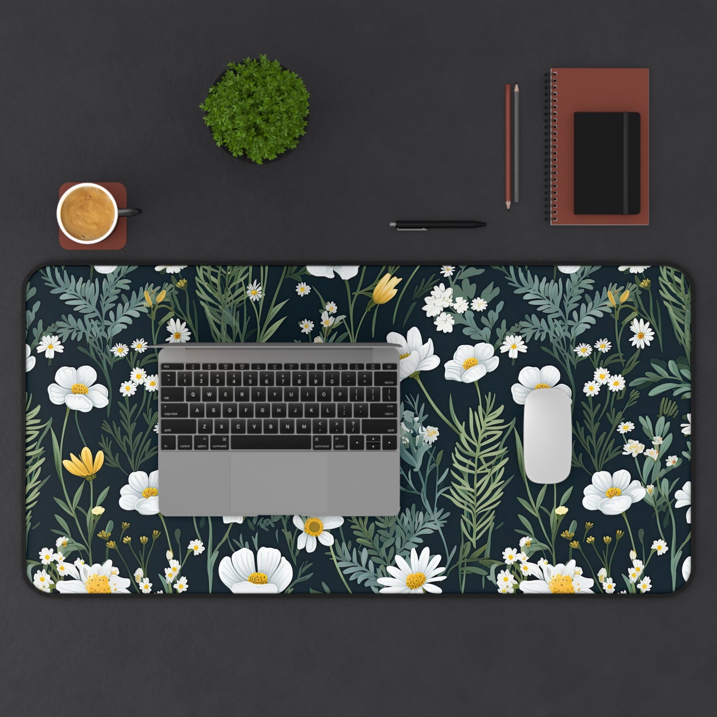 White Daisy Dark Cottagecore Wildflower Laptop Computer Desk Mat Mousepad
