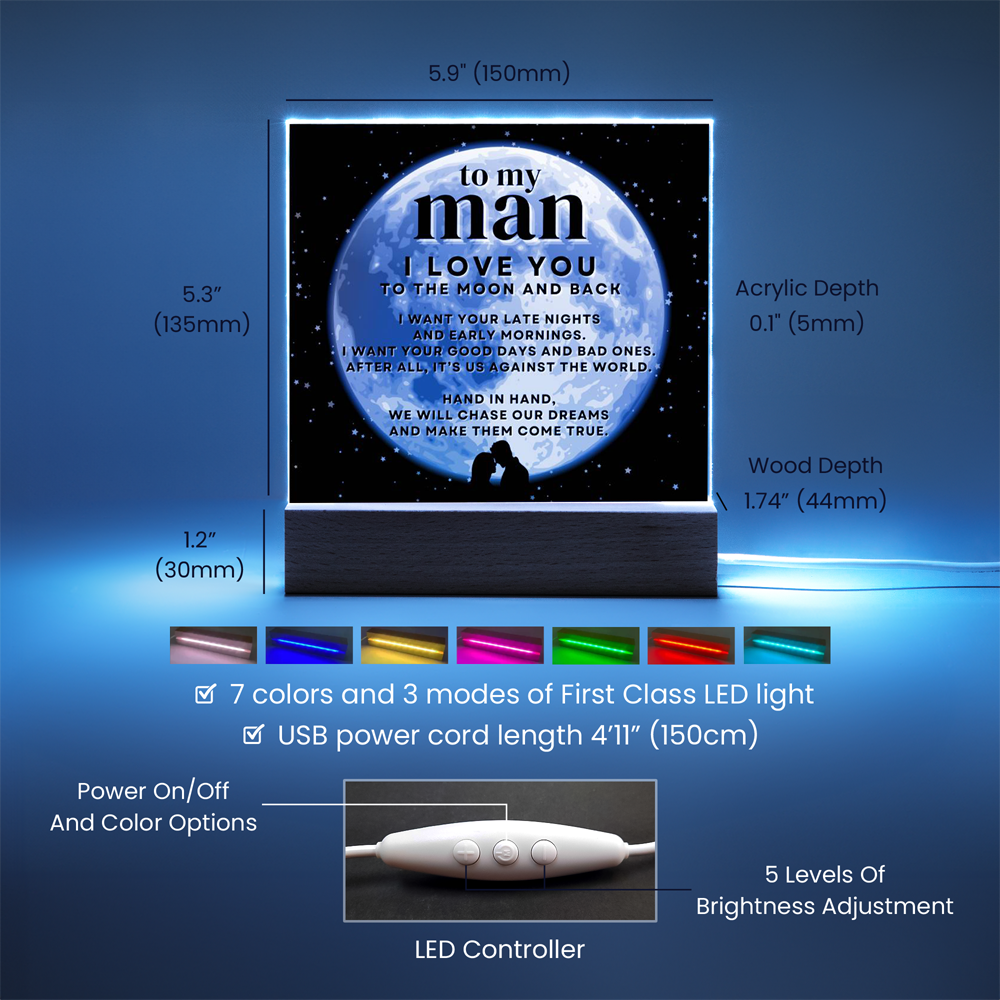 To My Man I Love You To The Moon And Back LED Desktop Acrylic Display Gift