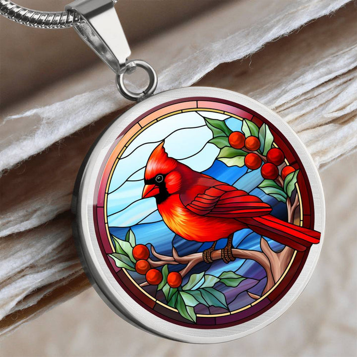Faux Stained Glass Red Cardinal Bird Christmas Pendant Necklace