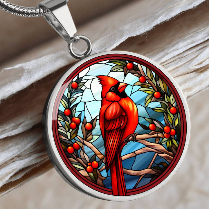 Christmas Red Cardinal Pendant Necklace in Faux Stained Glass Style