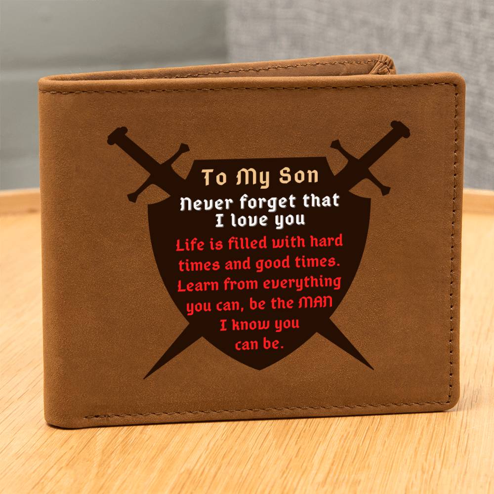 To Son Gift, Warrior Shield, Hard Times and Good Times, Inspirational Graphic Leather Wallet