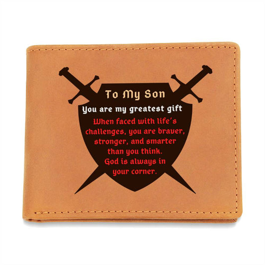 To Son Gift, Warrior Shield, Life's Challenges Inspirational Graphic Leather Wallet