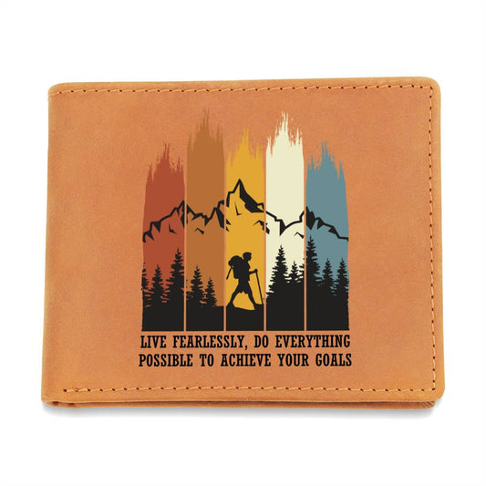 To Son Gift or Grandson Gift, Inspirational Graphic Leather Wallet, Mountain Hiker Live Fearlessly