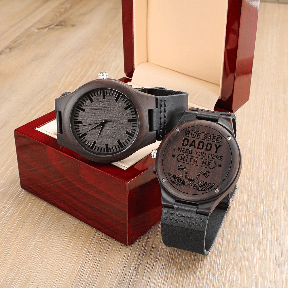 Ride Safe Daddy, Gift for Biker Dad, Motorcycle Theme Father's Day Gift Engraved Wooden Watch