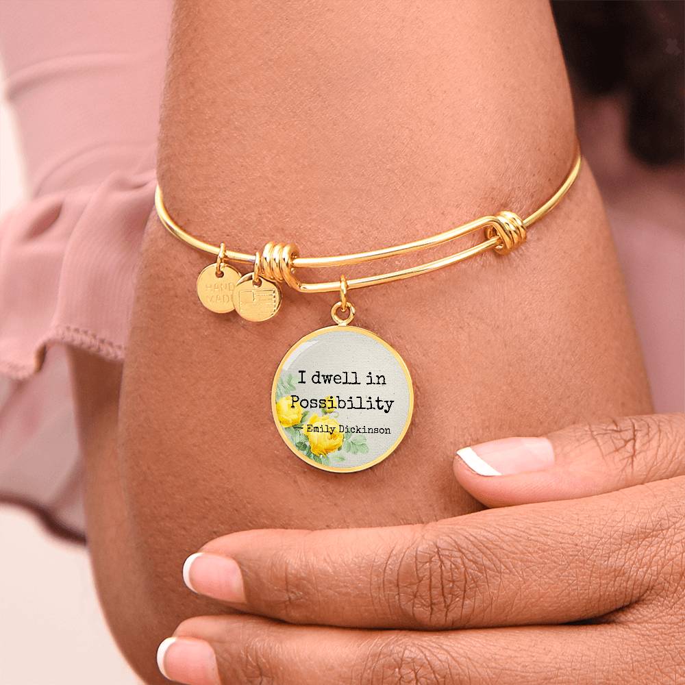 I Dwell in Possibility, Emily Dickinson Quote, Engravable Charm Bangle