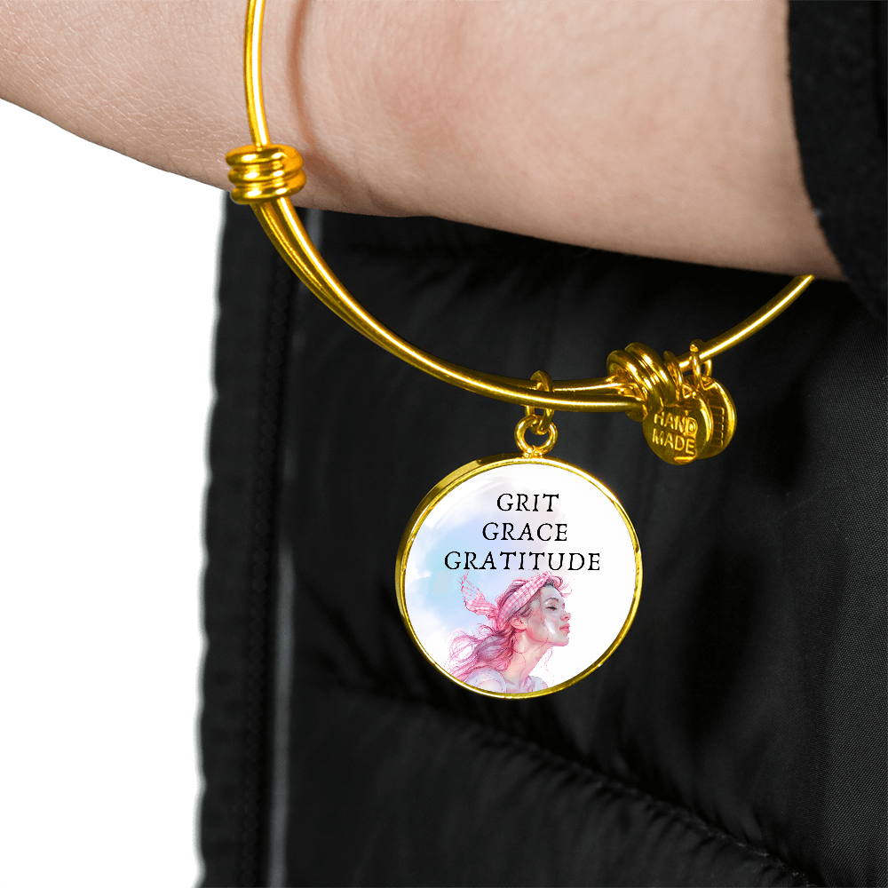 Grit Grace Gratitude Pink Heroine, Engravable Charm Bangle