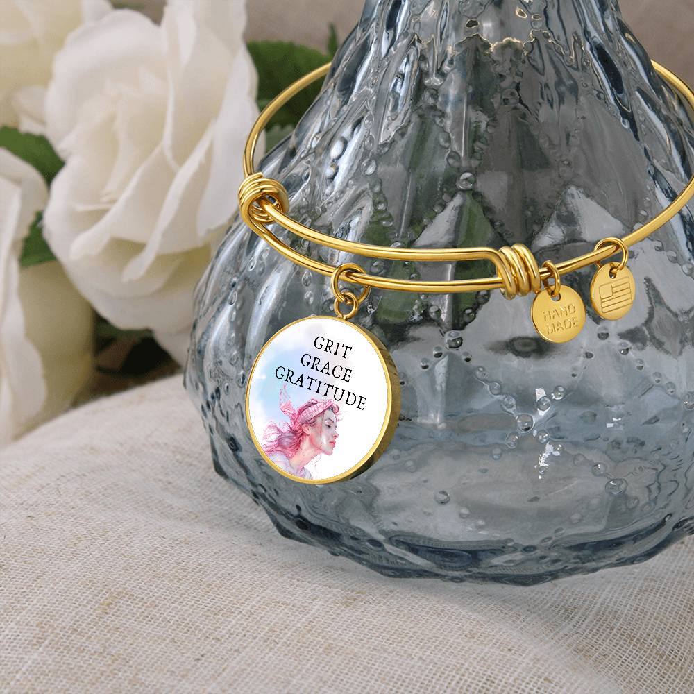 Grit Grace Gratitude Pink Heroine, Engravable Charm Bangle