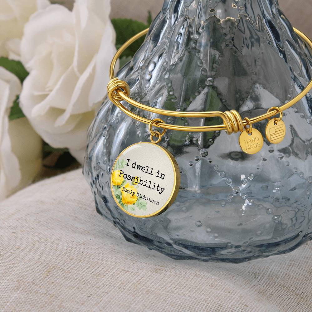 I Dwell in Possibility, Emily Dickinson Quote, Engravable Charm Bangle