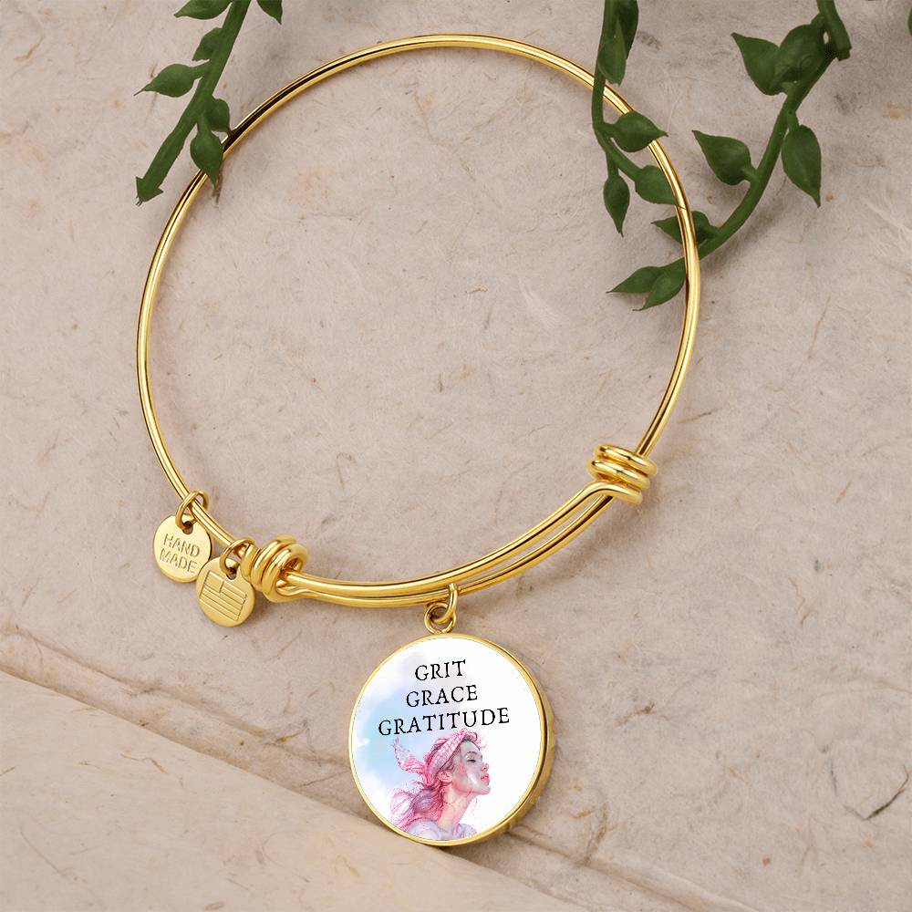 Grit Grace Gratitude Pink Heroine, Engravable Charm Bangle
