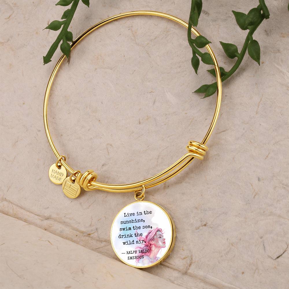 Live in the Sunshine, Ralph Waldo Emerson Quote, Engravable Charm Bangle