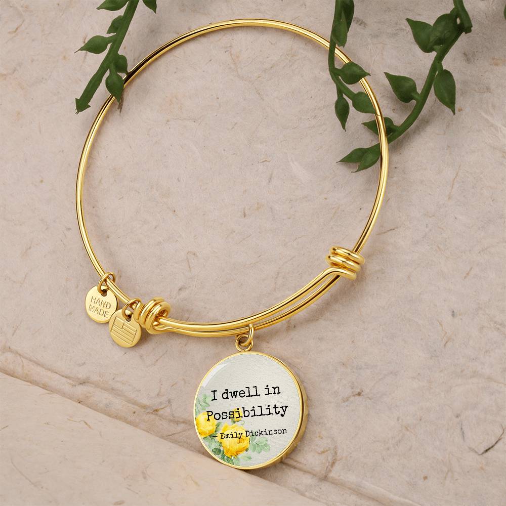 I Dwell in Possibility, Emily Dickinson Quote, Engravable Charm Bangle