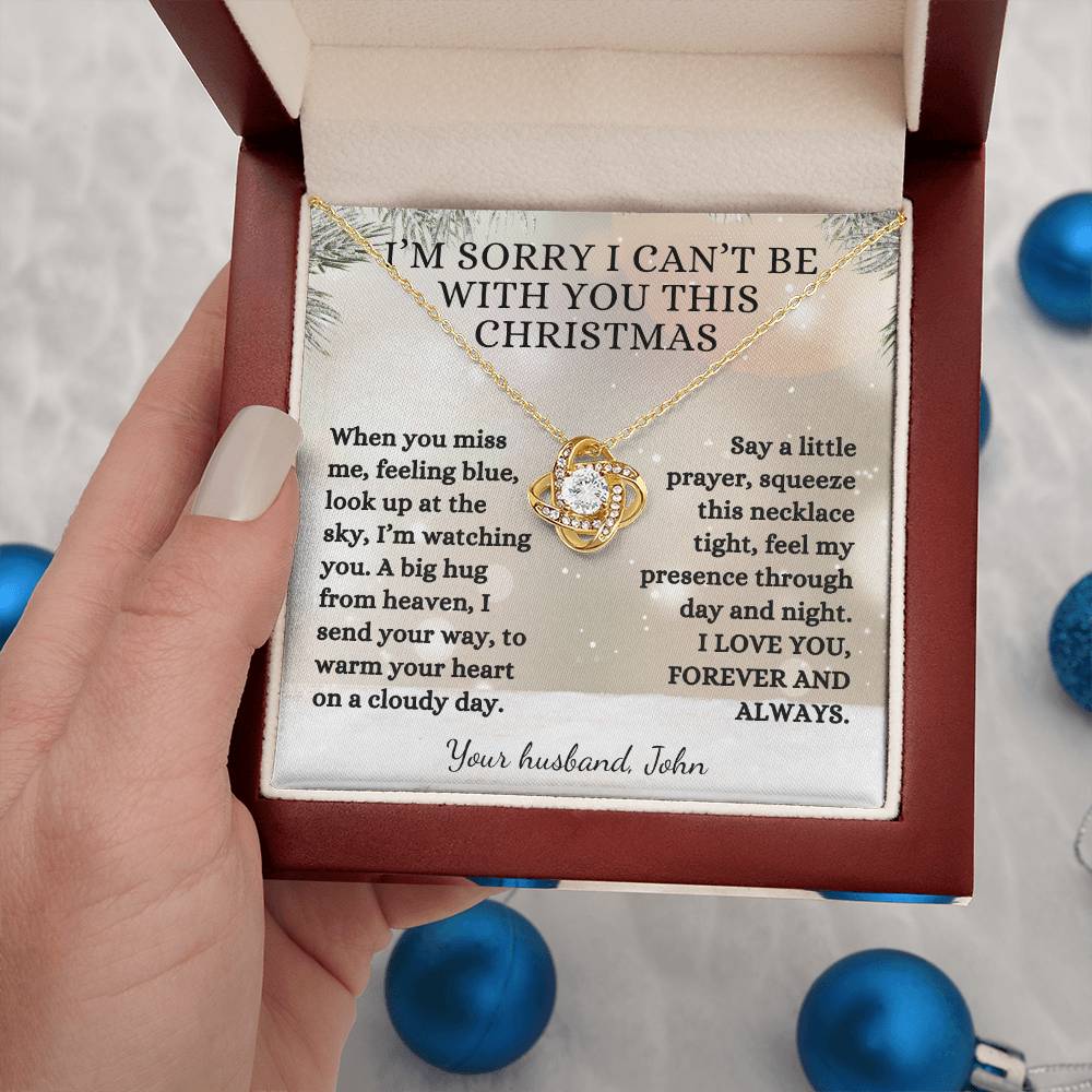 Memorial Gift, Winter Pine I Can't be with you this Christmas Poem with Custom Name, Love Knot Necklace