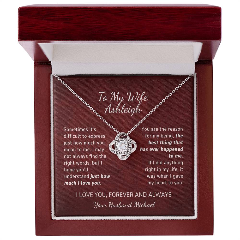 Romantic Gift to Wife or Girlfriend, Custom Name Message Card, Love Knot Pendant Necklace from Husband or Boyfriend