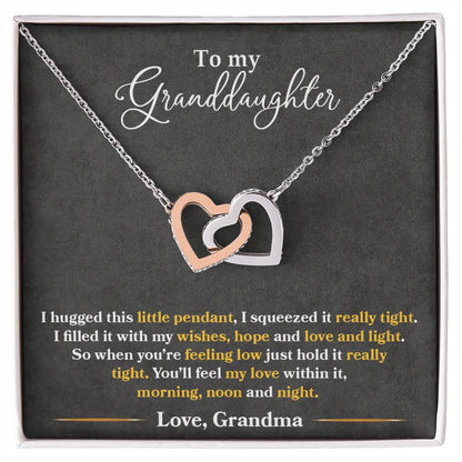 To My Granddaughter Gift, From Grandma, You'll Feel My Love Morning Noon and Night, Interlock Heart Pendant Necklace