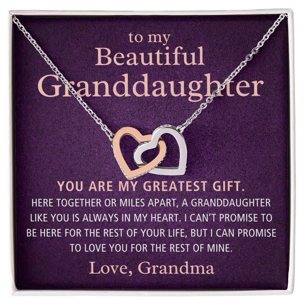 To My Beautiful Granddaughter Gift From Grandma, Here Together or Miles Apart, Interlock Heart Pendant Necklace