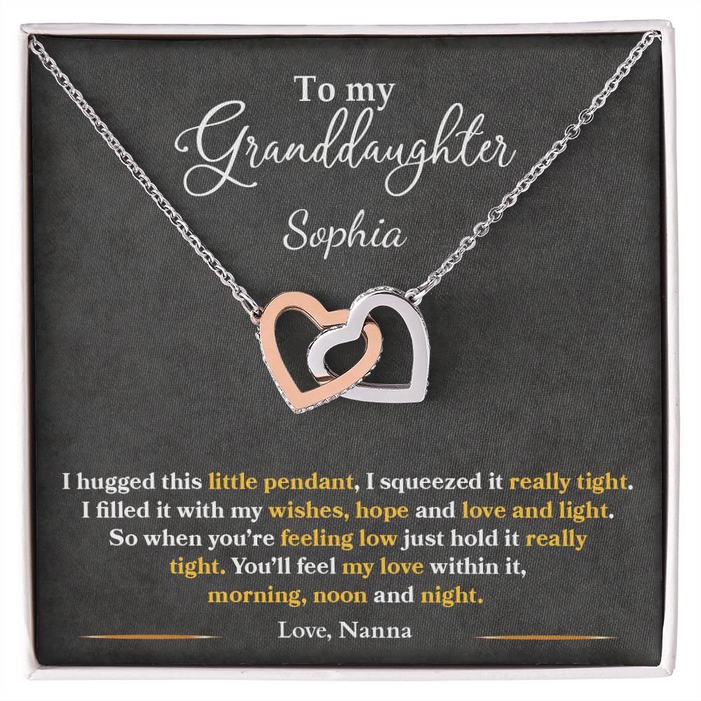 To My Granddaughter Gift, Custom Names, You'll Feel My Love Morning Noon and Night, Interlock Heart Pendant Necklace