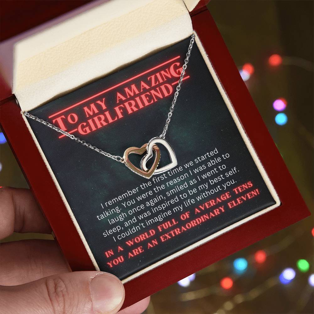 To My Girlfriend Gift From Boyfriend, Gift For Her Stranger Things Inspired Interlocking Heart Necklace