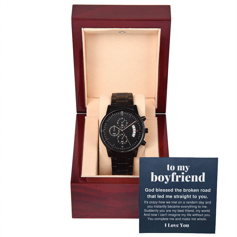 To My Boyfriend, You Complete Me Black Chronograph Watch For Men