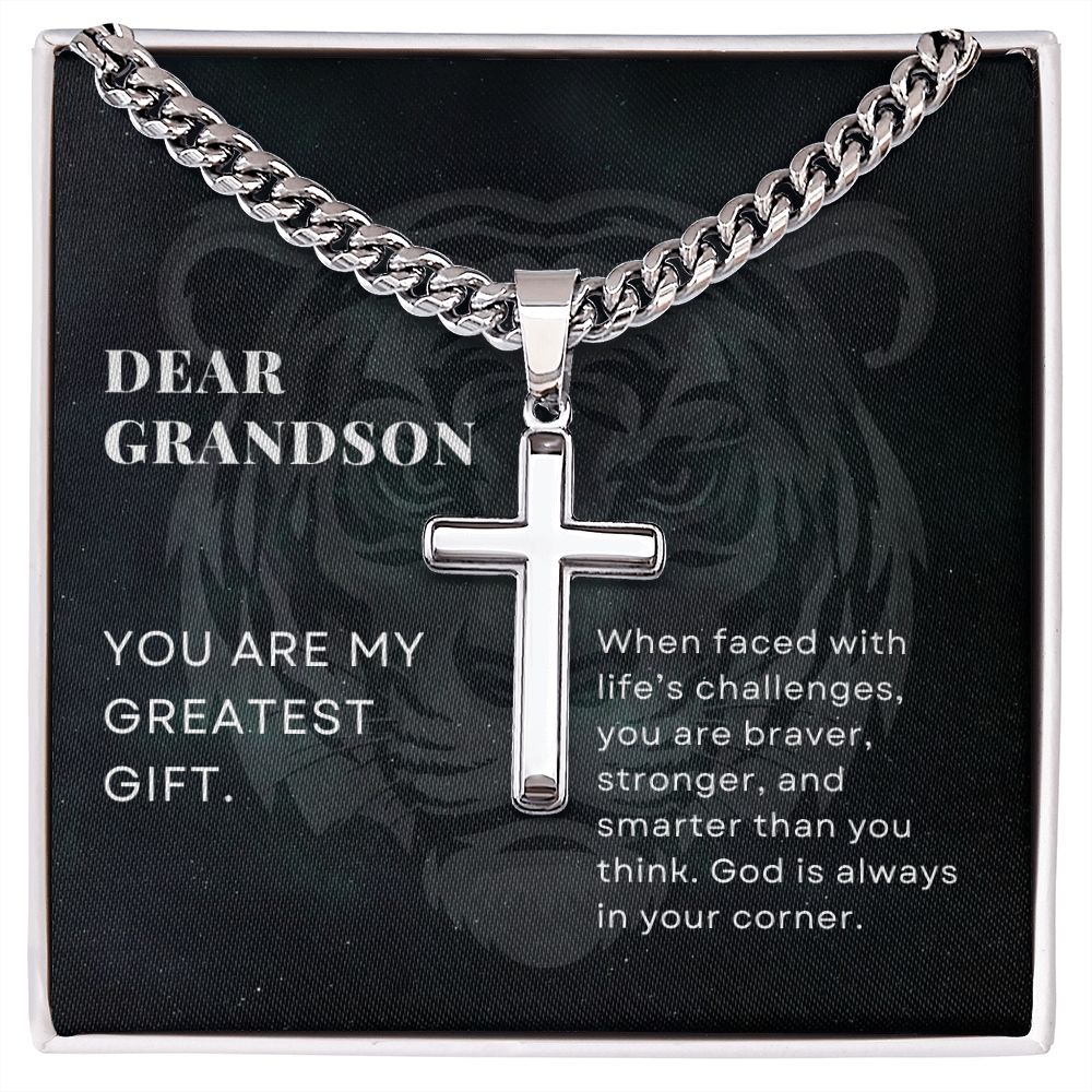 To Grandson Gift, God is Always in your Corner, Encouragement From Grandparents, Stainless Steel Cross Pendant Cuban Chain Necklace